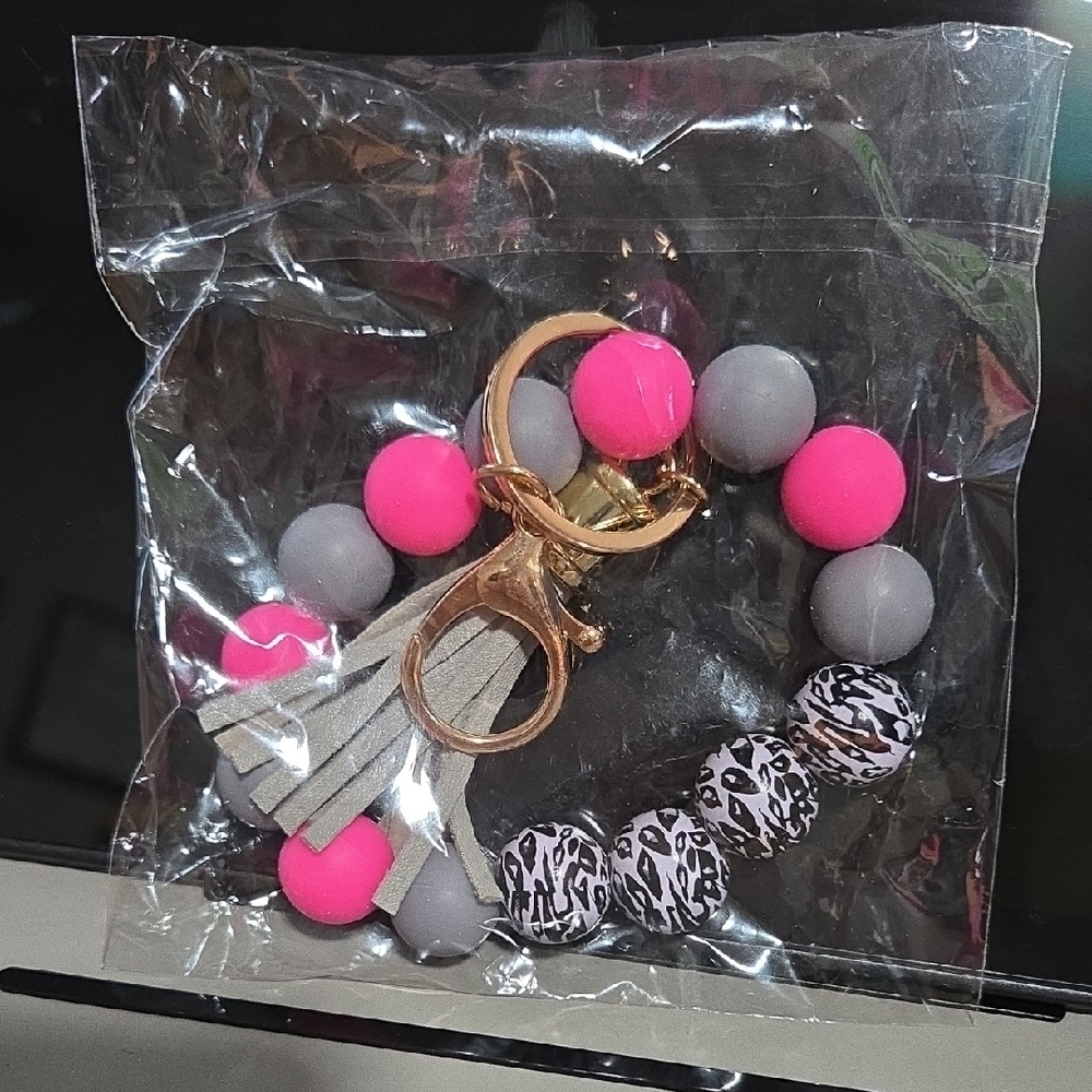 Pink and Gray Beaded Keychain Bracelet